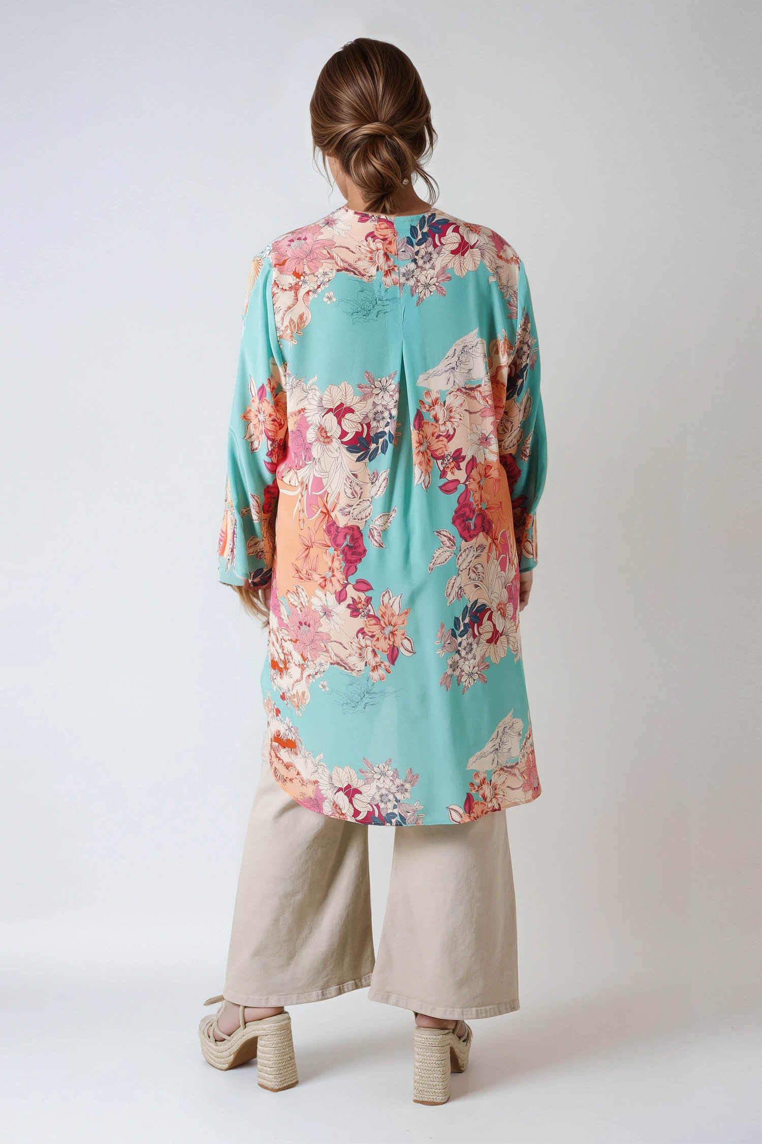 Viscose tunic with patch print of two different patterns in ecovero viscose