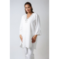 Plain tunic decorated with silver eyelets in poly viscose crepe 