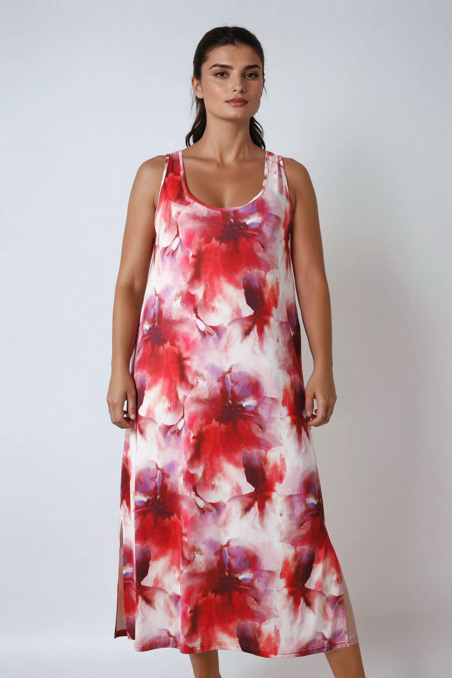 Robe longue sans manches en maille imprimée.