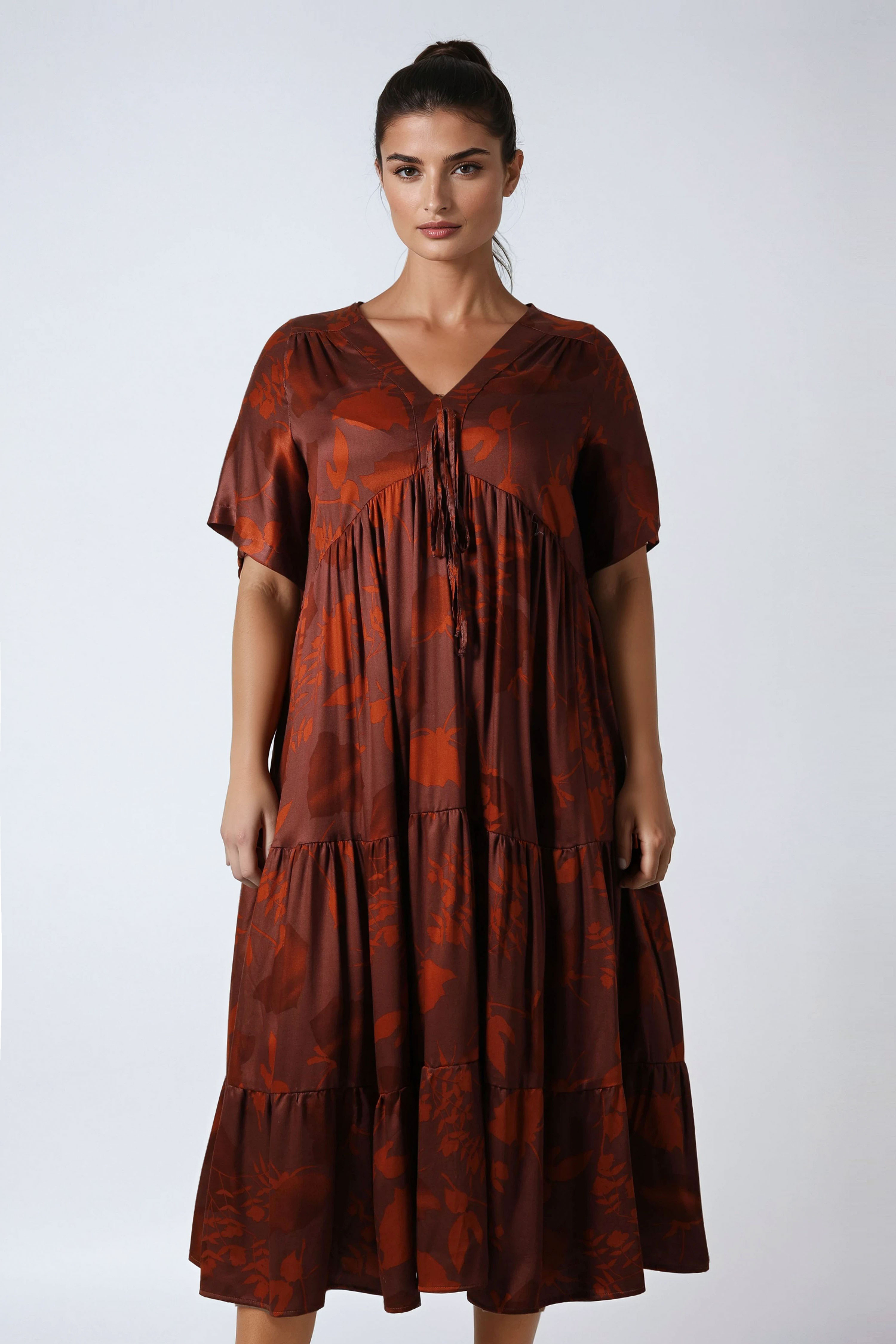 Long dress in printed fibranne