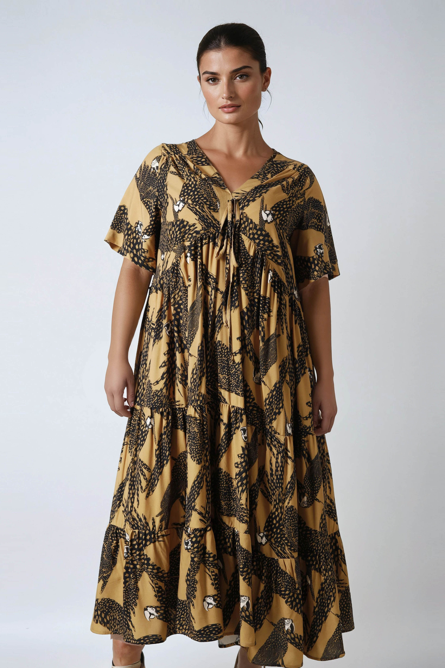 Long dress in printed fibranne