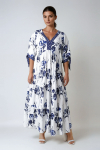 Long bohemian style dress with two flower and polka dot patterns in ultra-fluid viscose 
