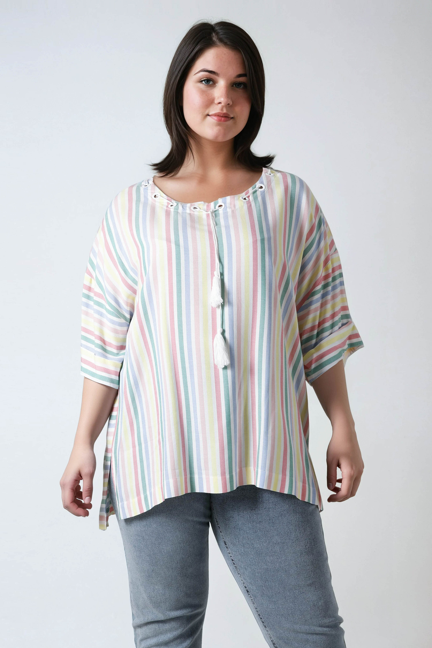 Oversized striped blouse with eyelets