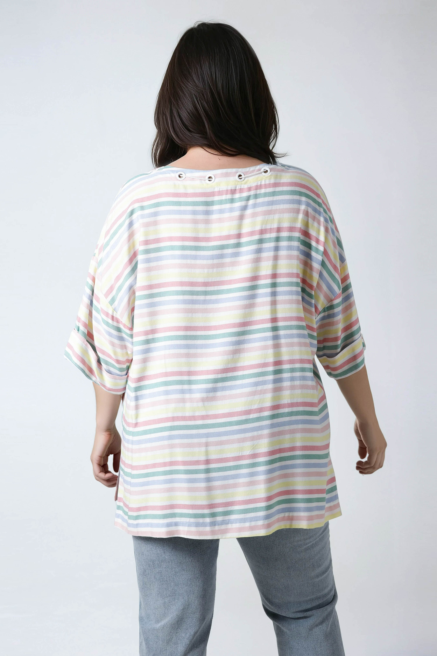 Oversized striped blouse with eyelets