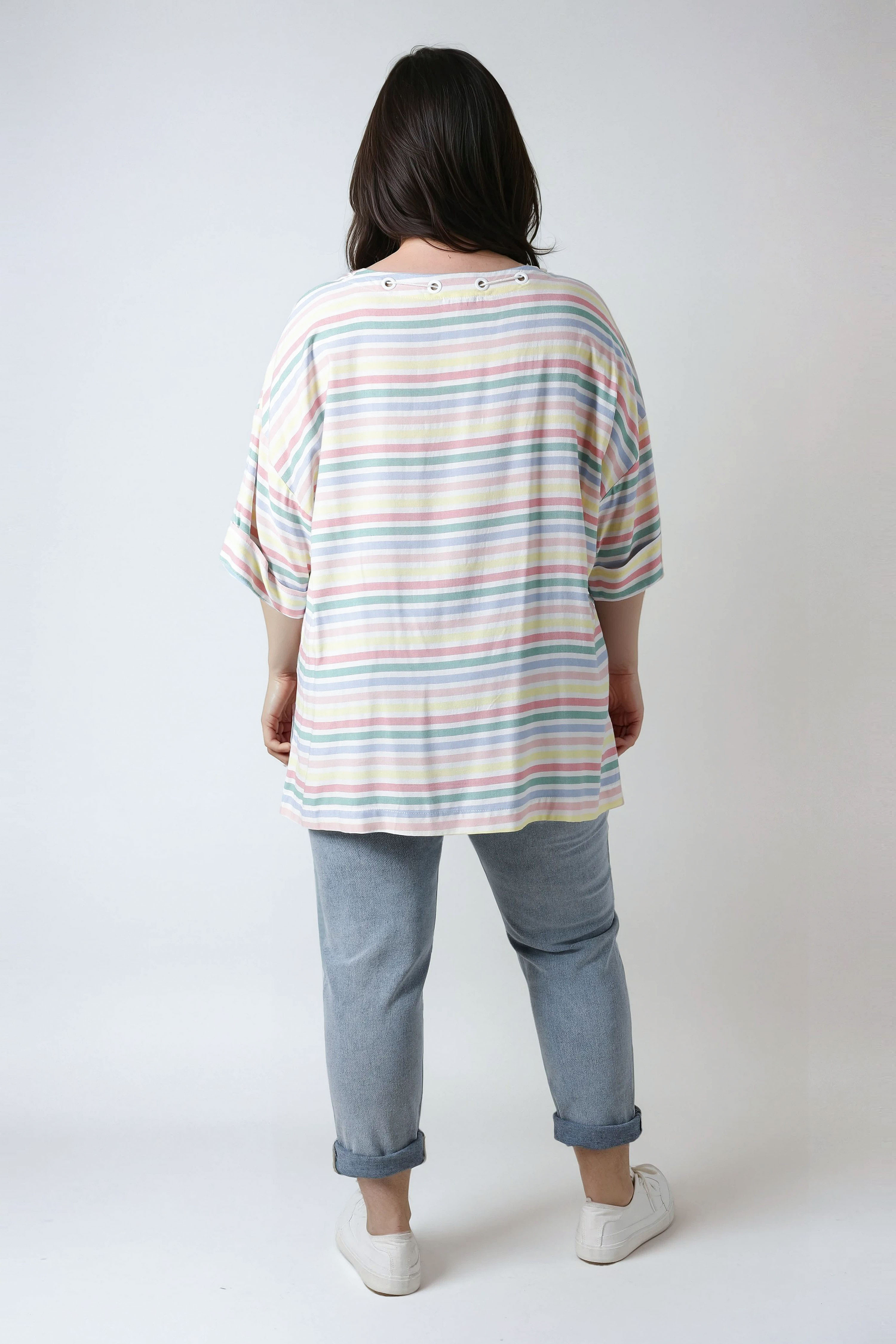 Oversized striped blouse with eyelets