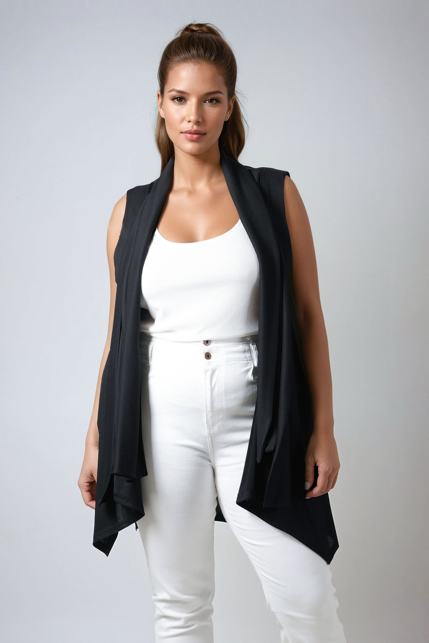 Cascading front ribbed knit vest