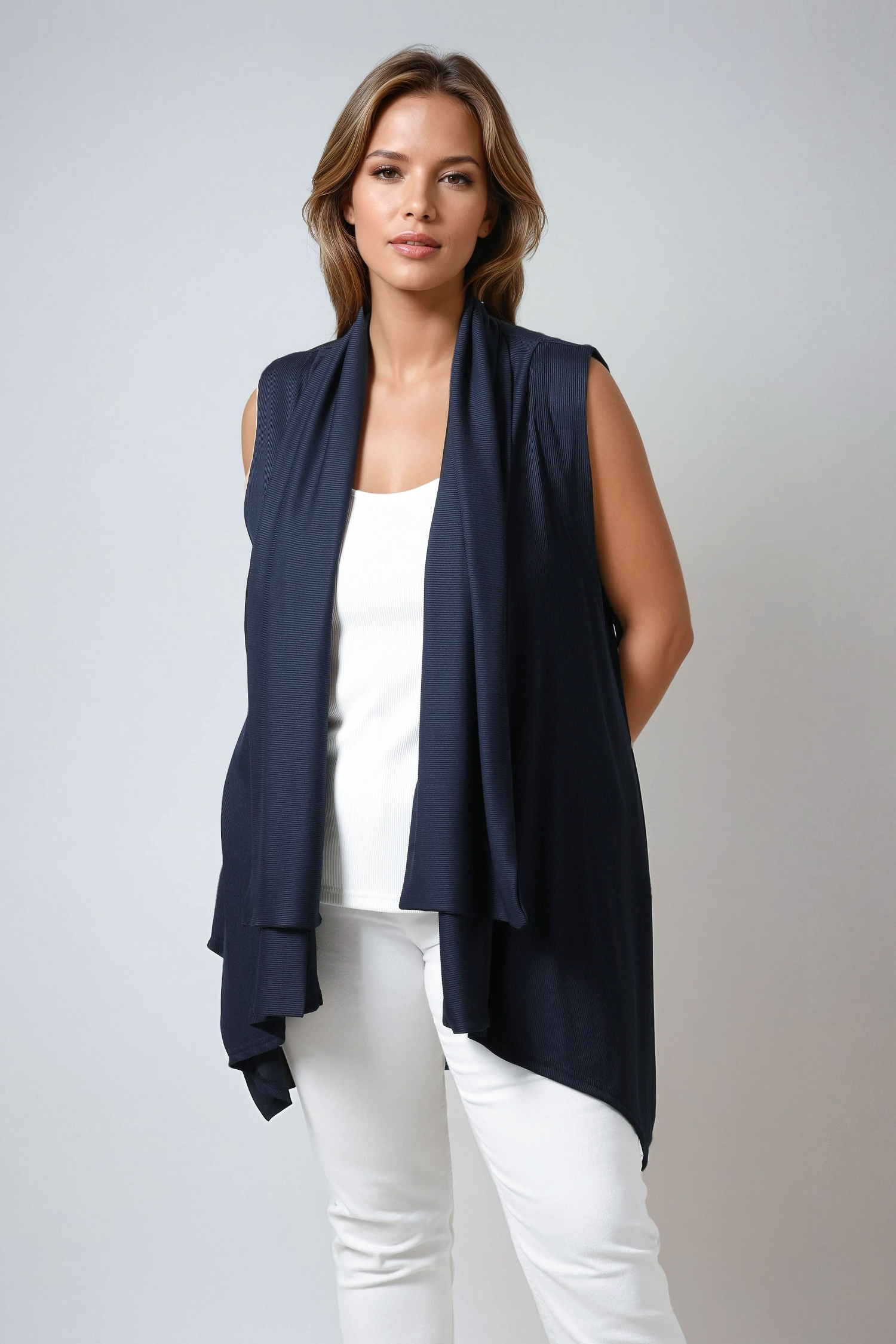 Cascading front ribbed knit vest