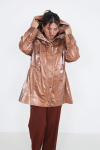 Waterproof vinyl parka with hood.