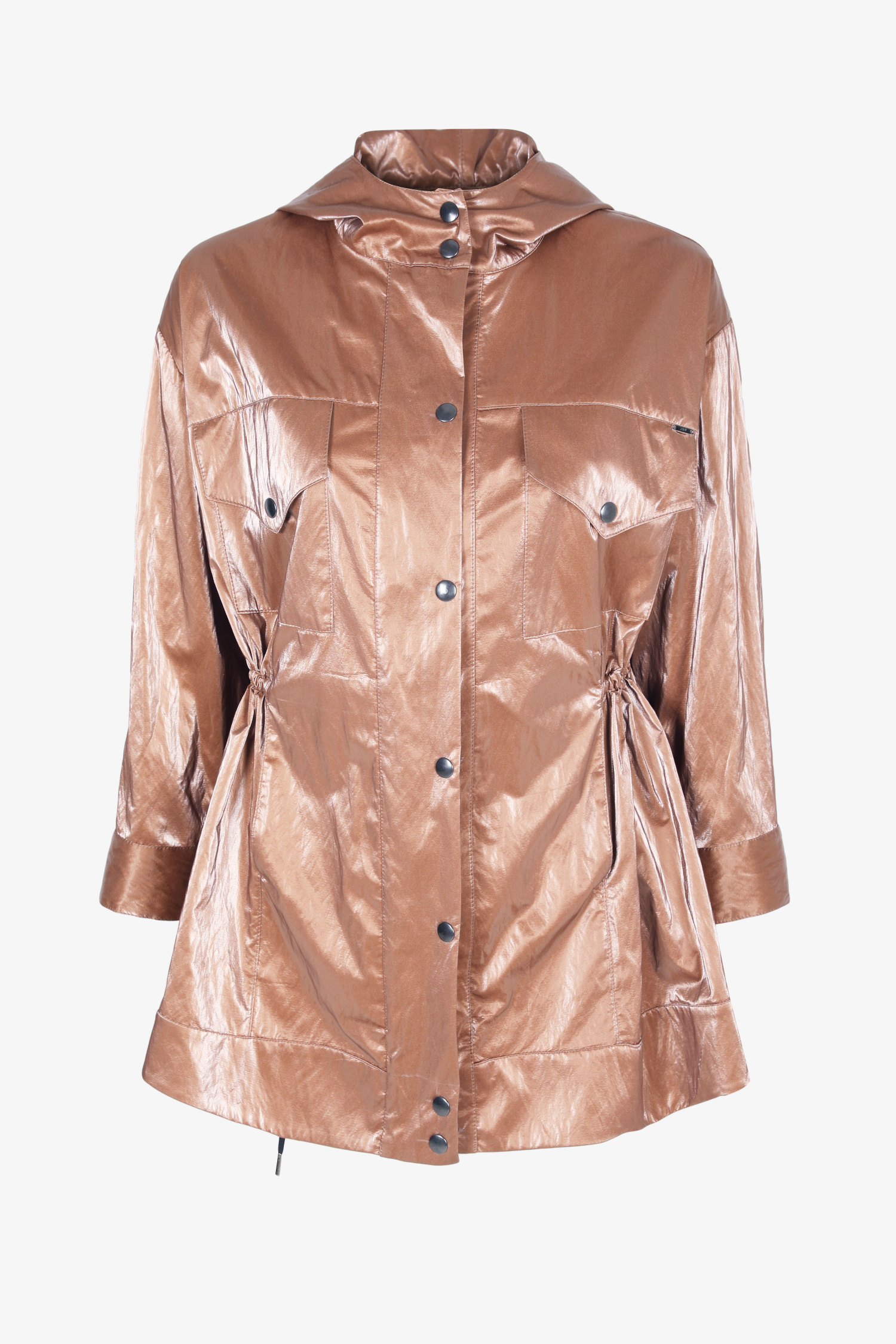 Waterproof vinyl parka with hood.