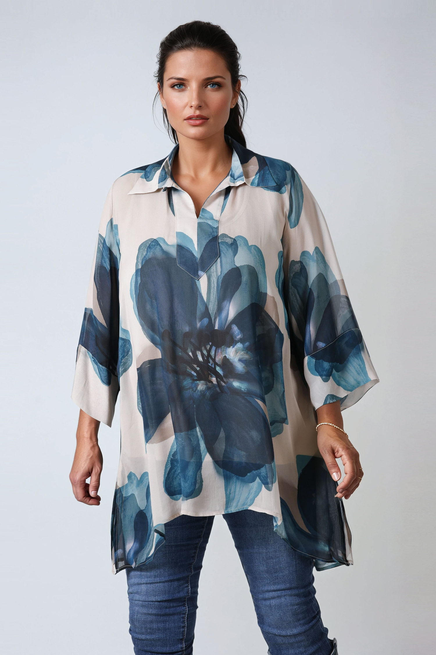 Floaty tunic in voile with large flower pattern