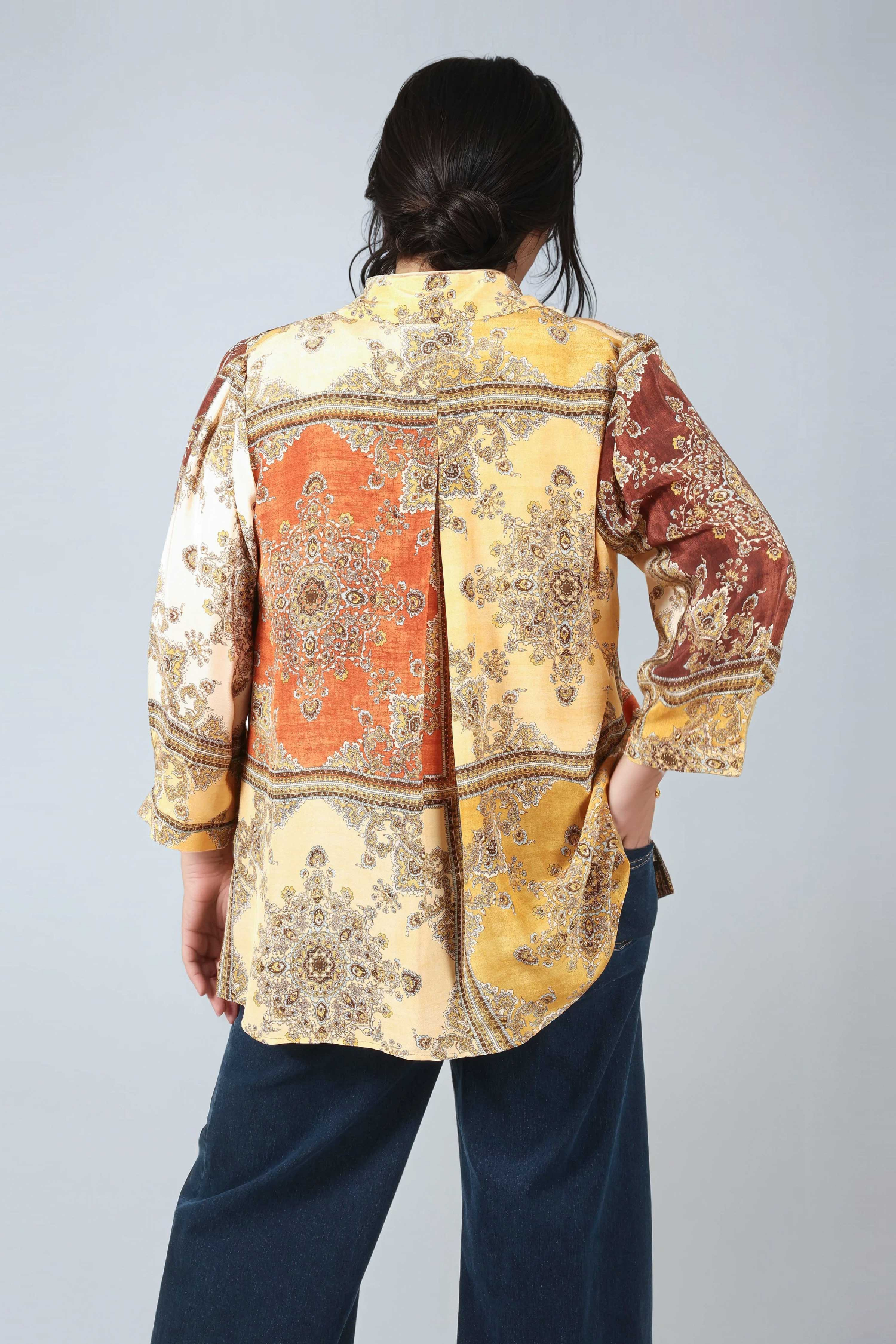 Flowing patchwork shirt in sienna viscose crepe
