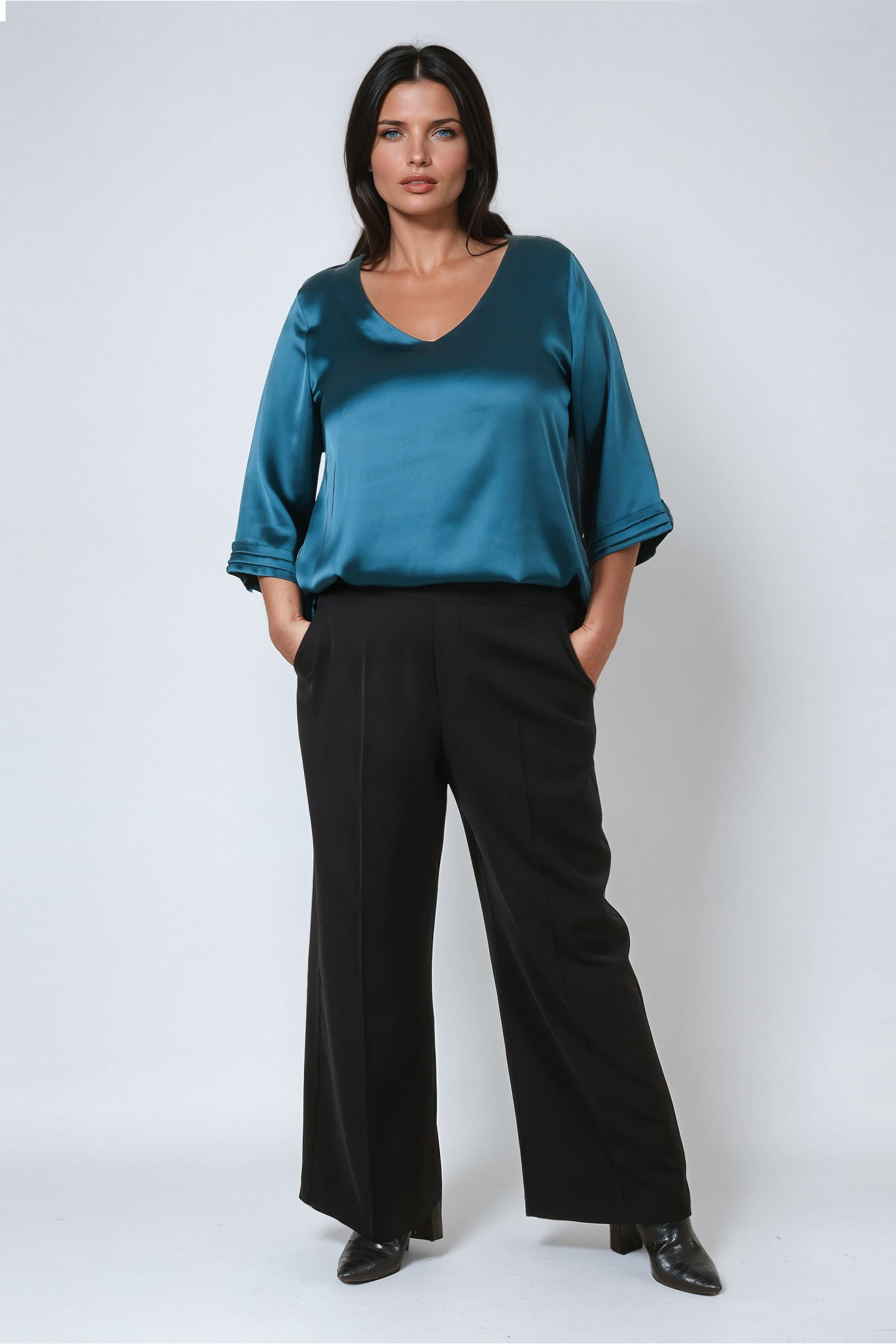 Elegance celeste blue viscose satin blouse with V-neck