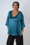 Elegance celeste blue viscose satin blouse with V-neck