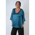 Elegance celeste blue viscose satin blouse with V-neck