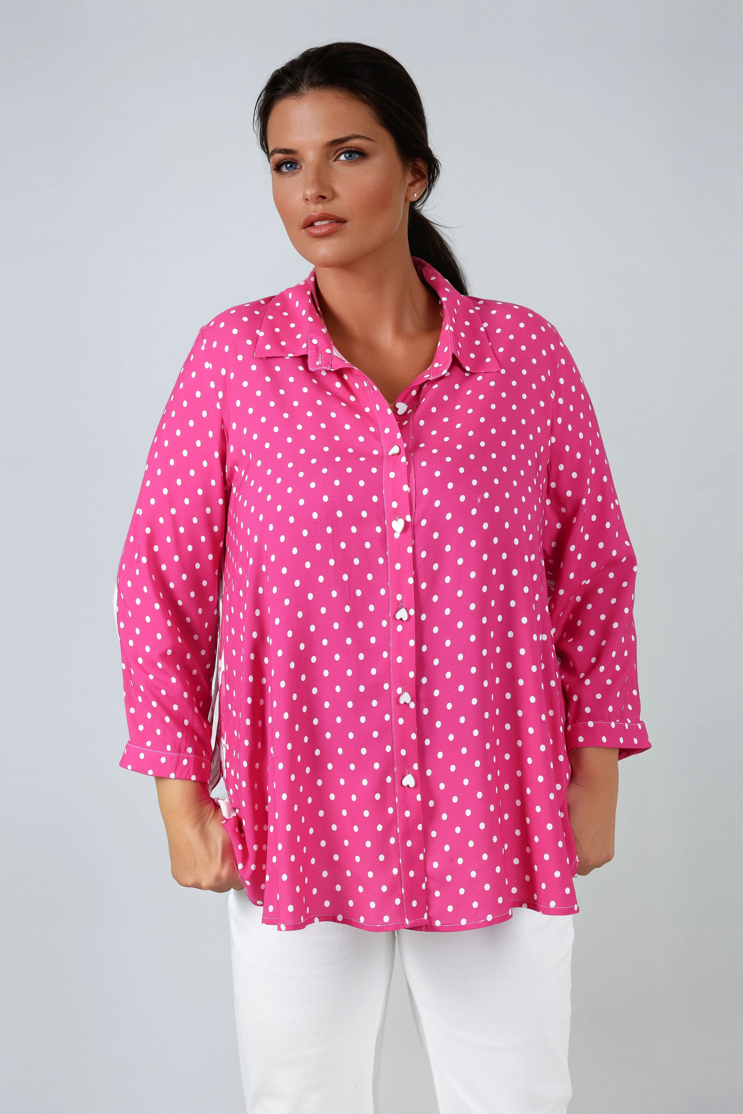 Viscose trapeze shirt with polka dot and flower patch 