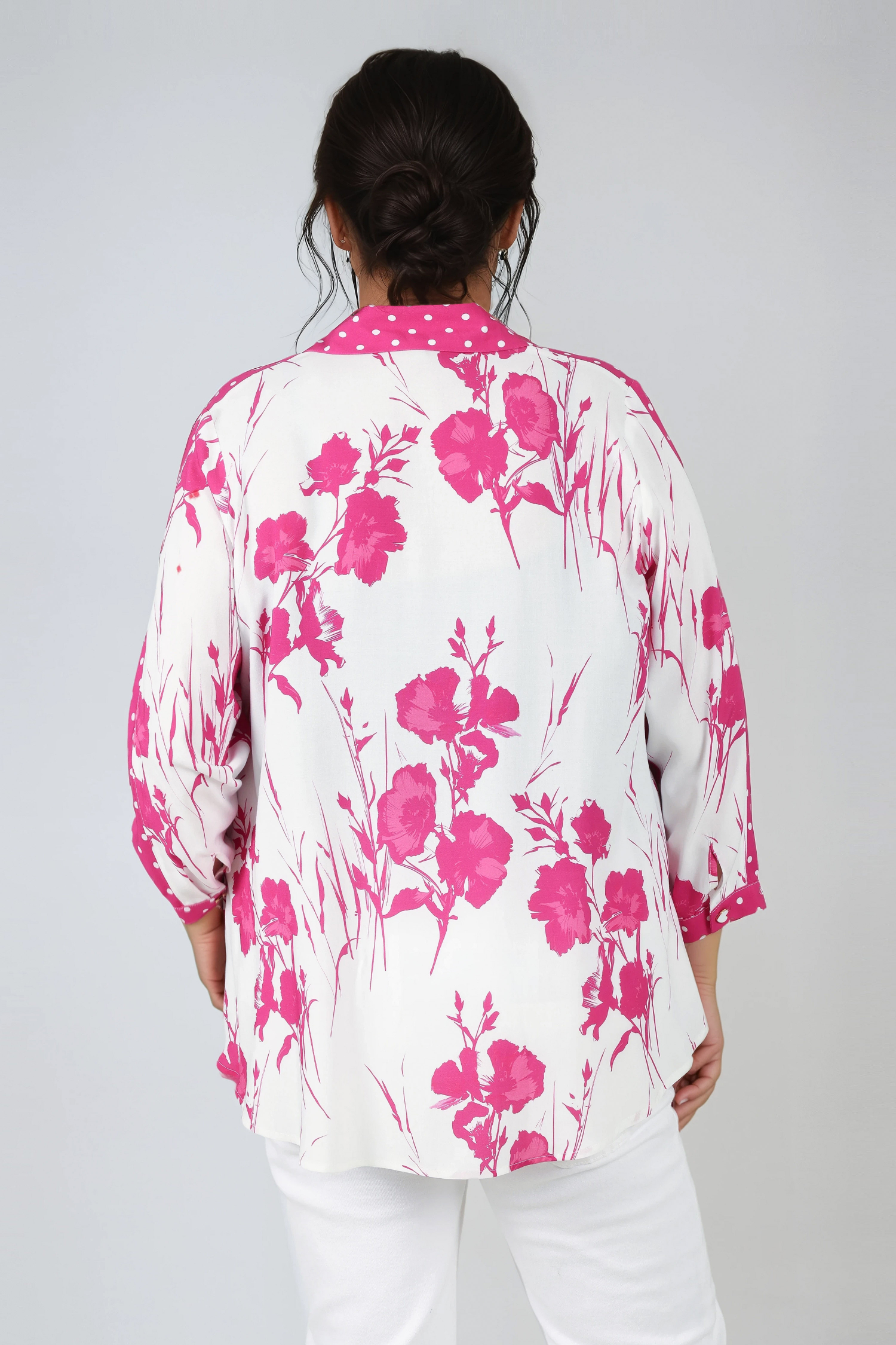 Viscose trapeze shirt with polka dot and flower patch 