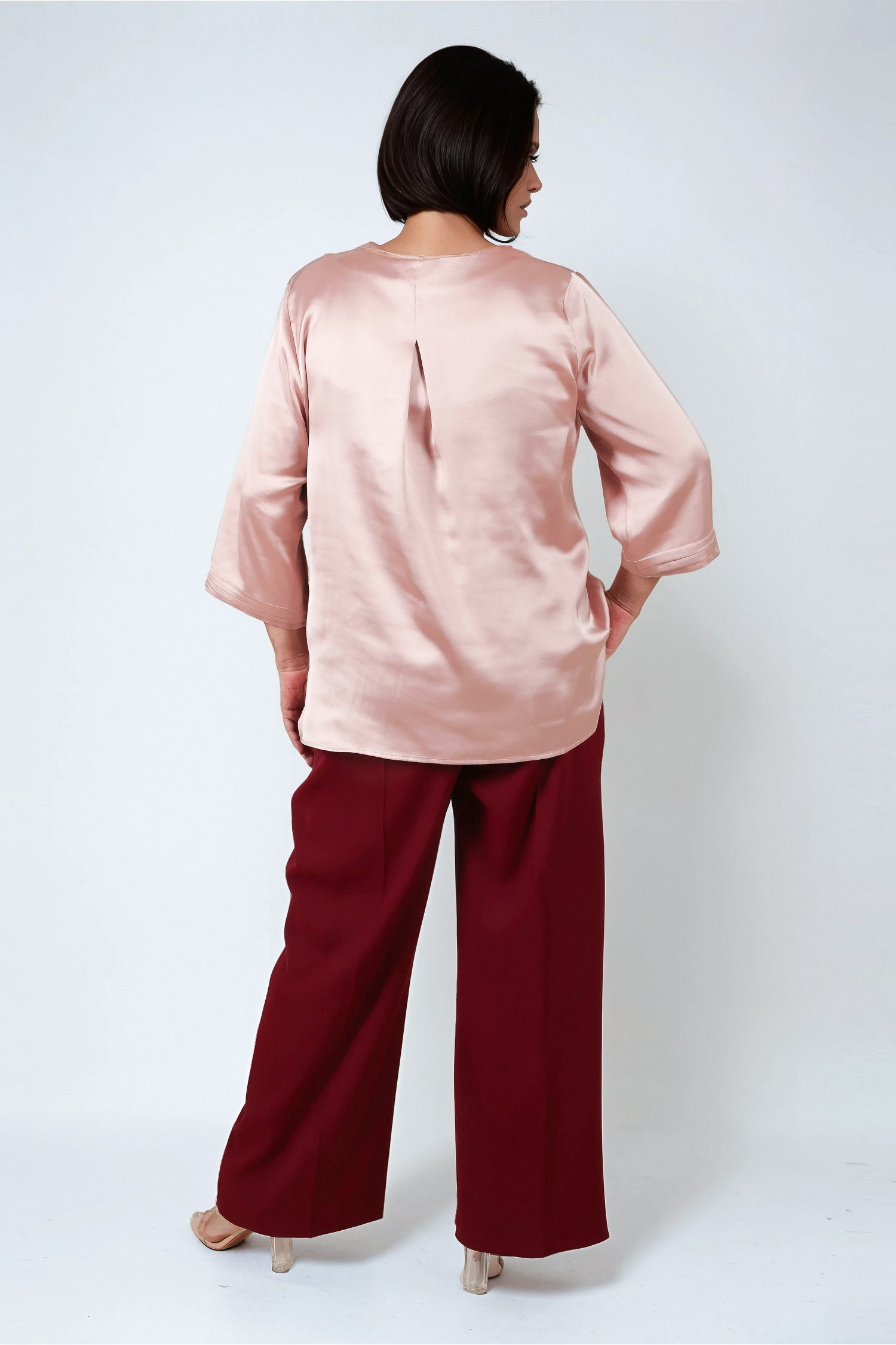 Elegance celeste blue viscose satin blouse with V-neck