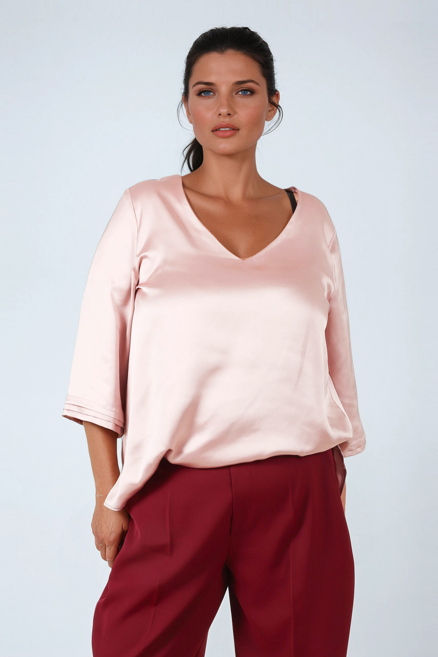 Elegance celeste blue viscose satin blouse with V-neck