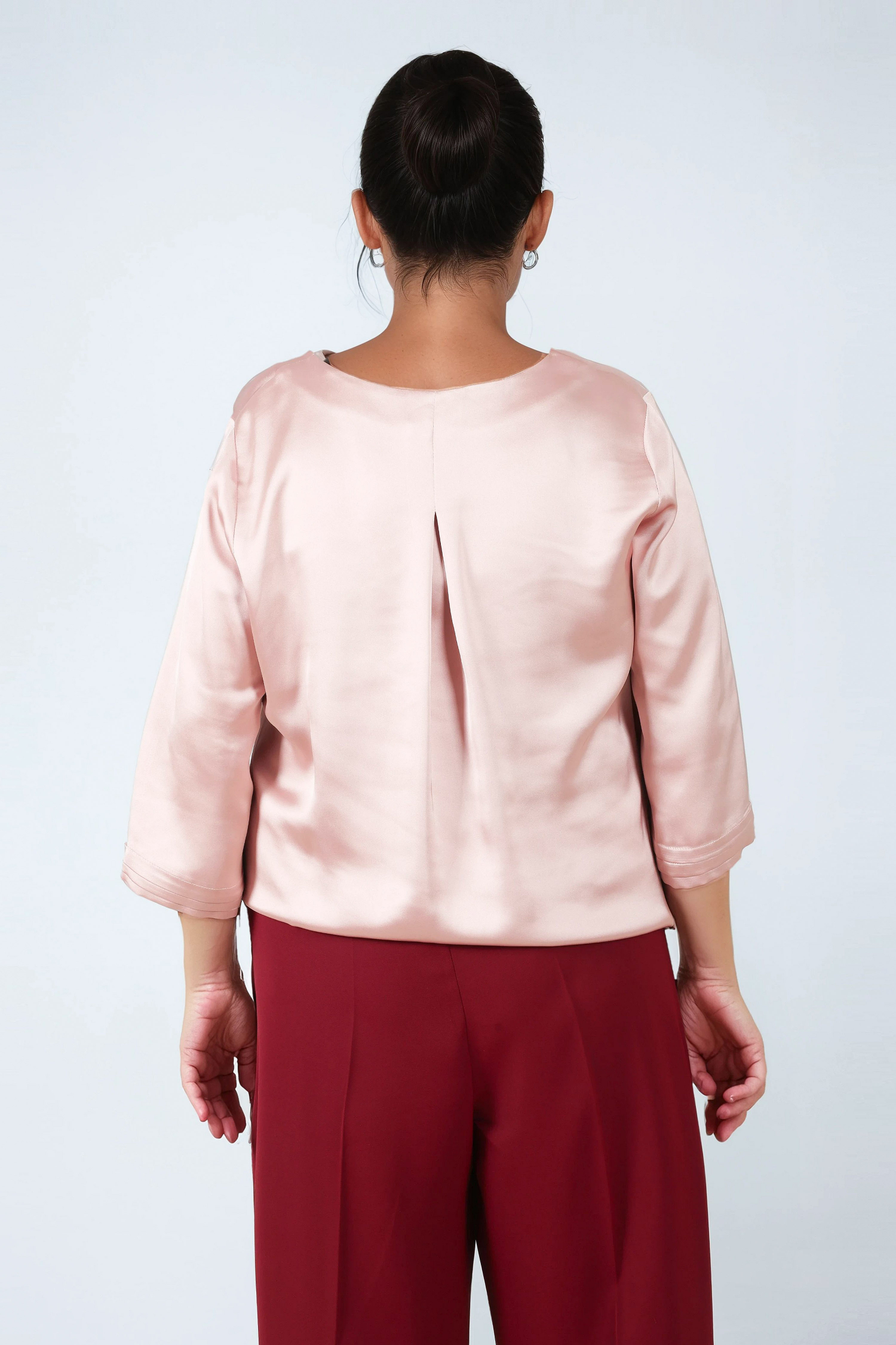 Elegance celeste blue viscose satin blouse with V-neck