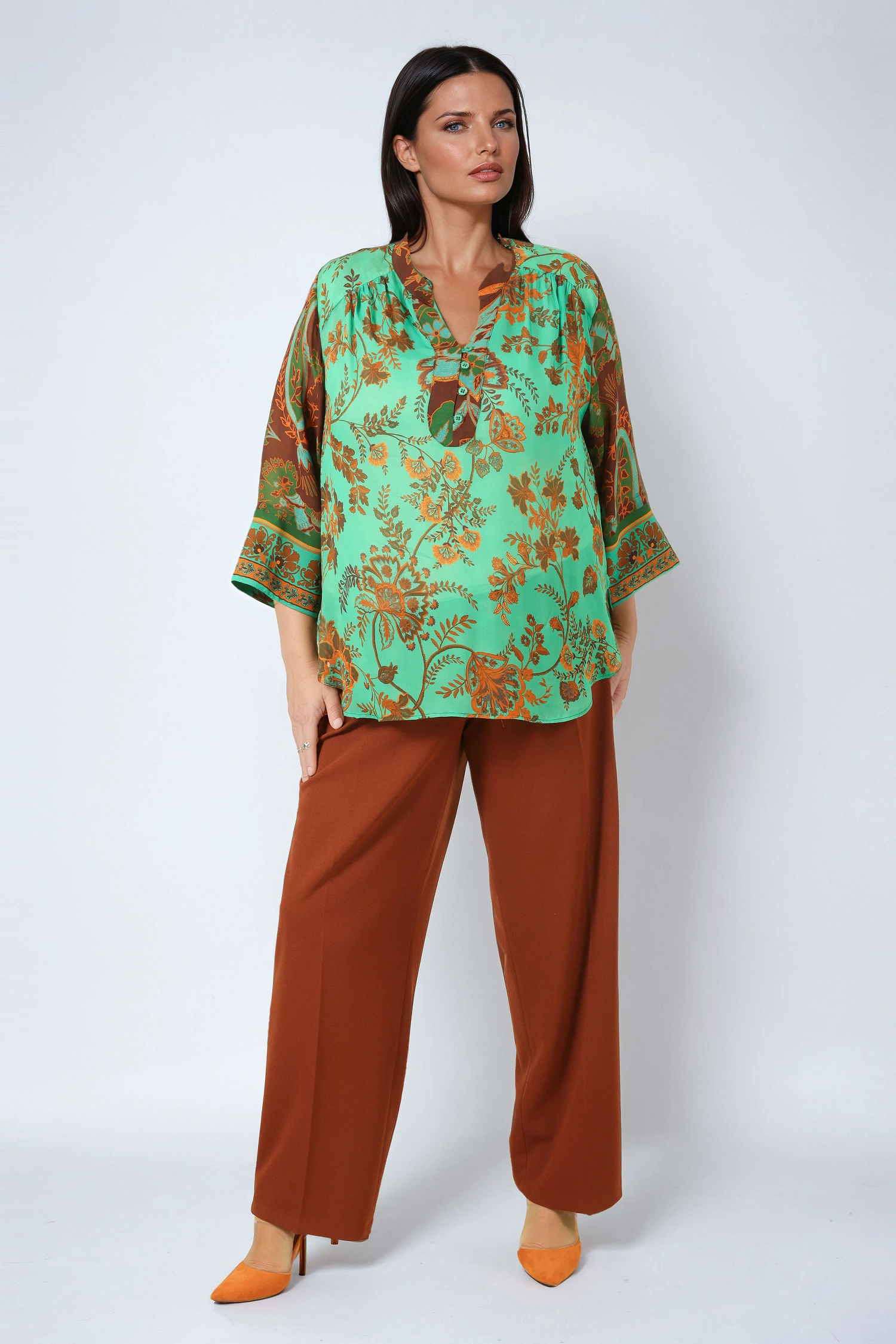 Emerald and burnt earth patch blouse, bohemian chic