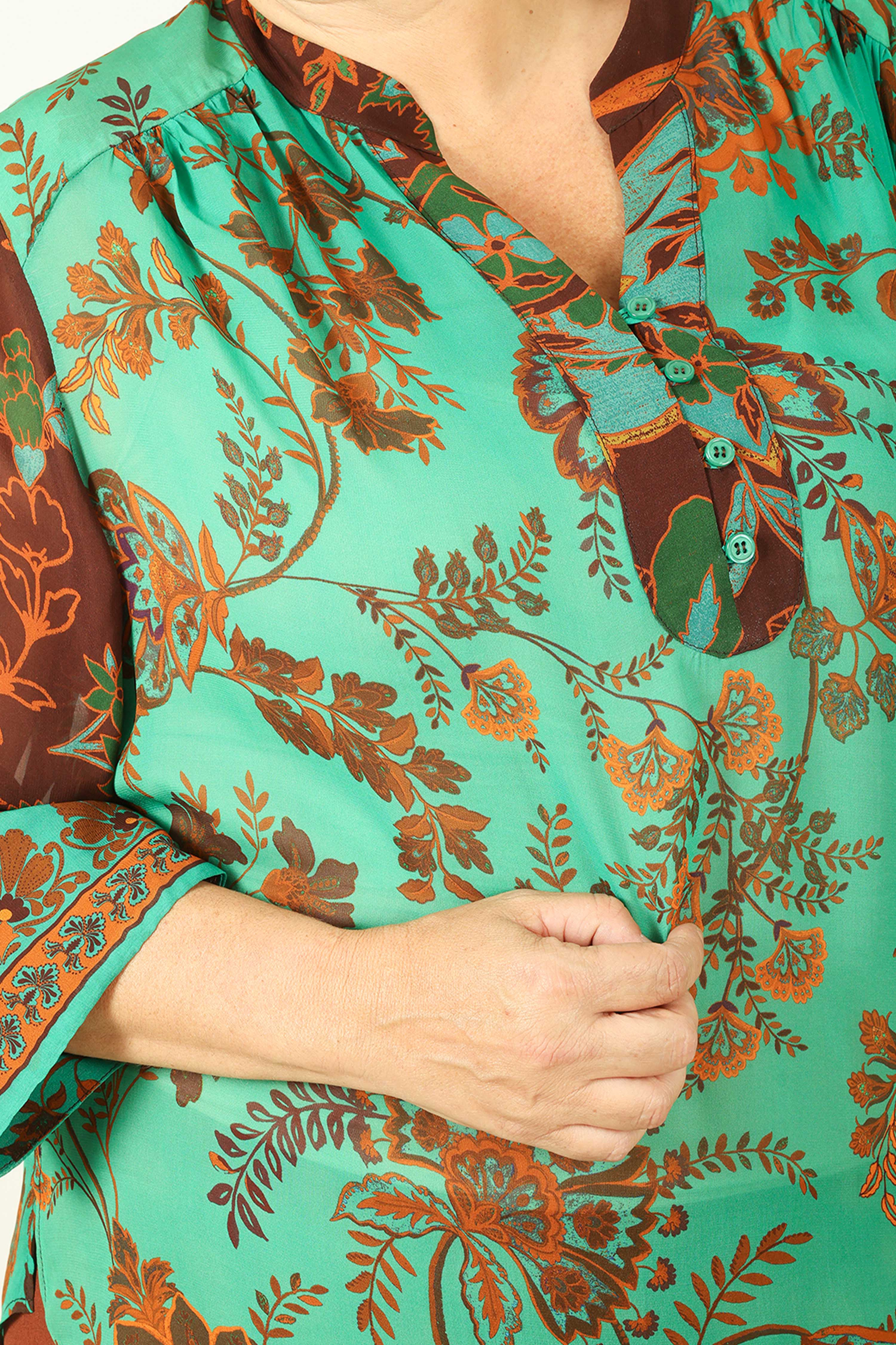 Emerald and burnt earth patch blouse, bohemian chic