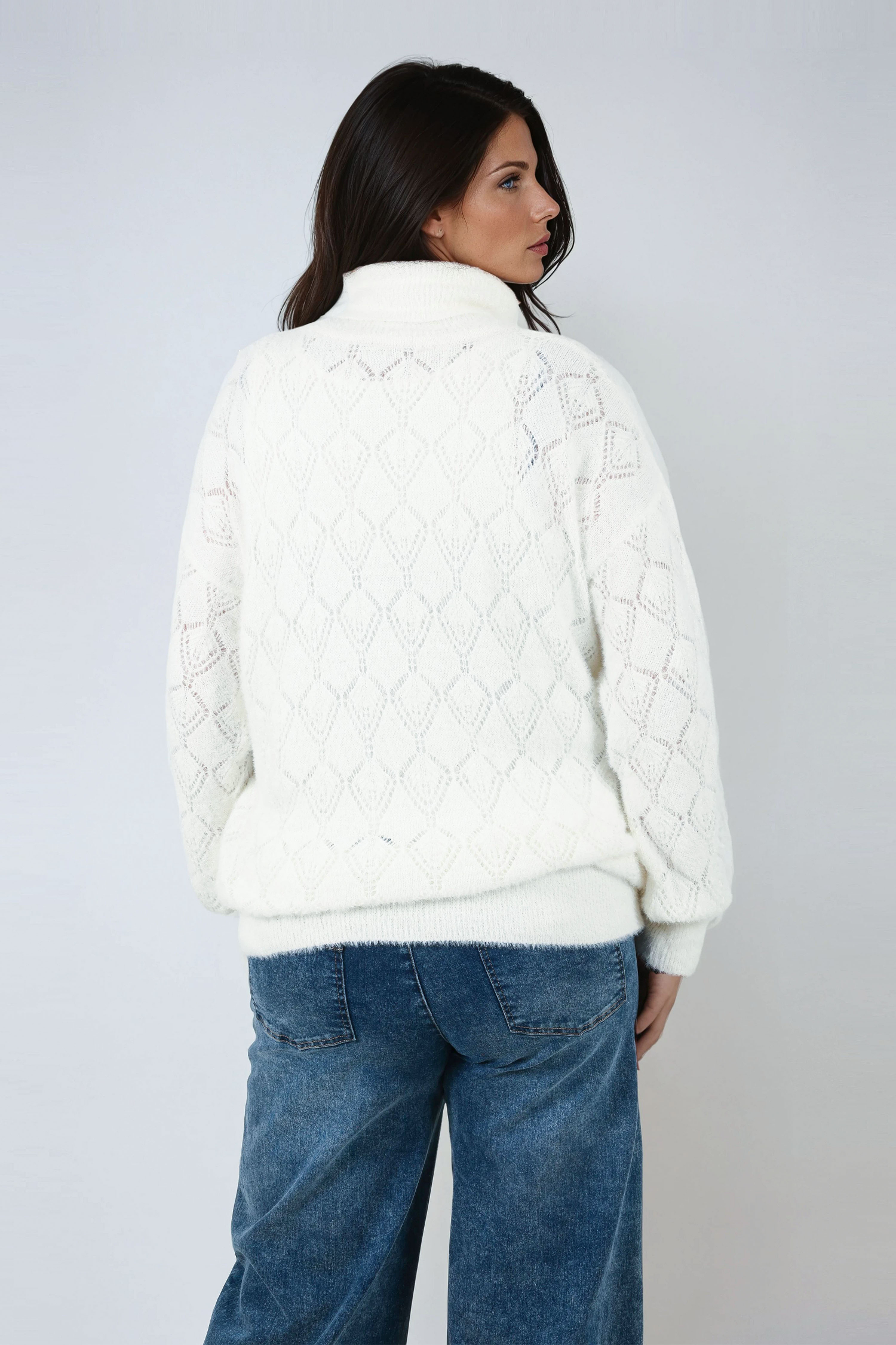 Openwork diamond pattern sweater with rhinestones