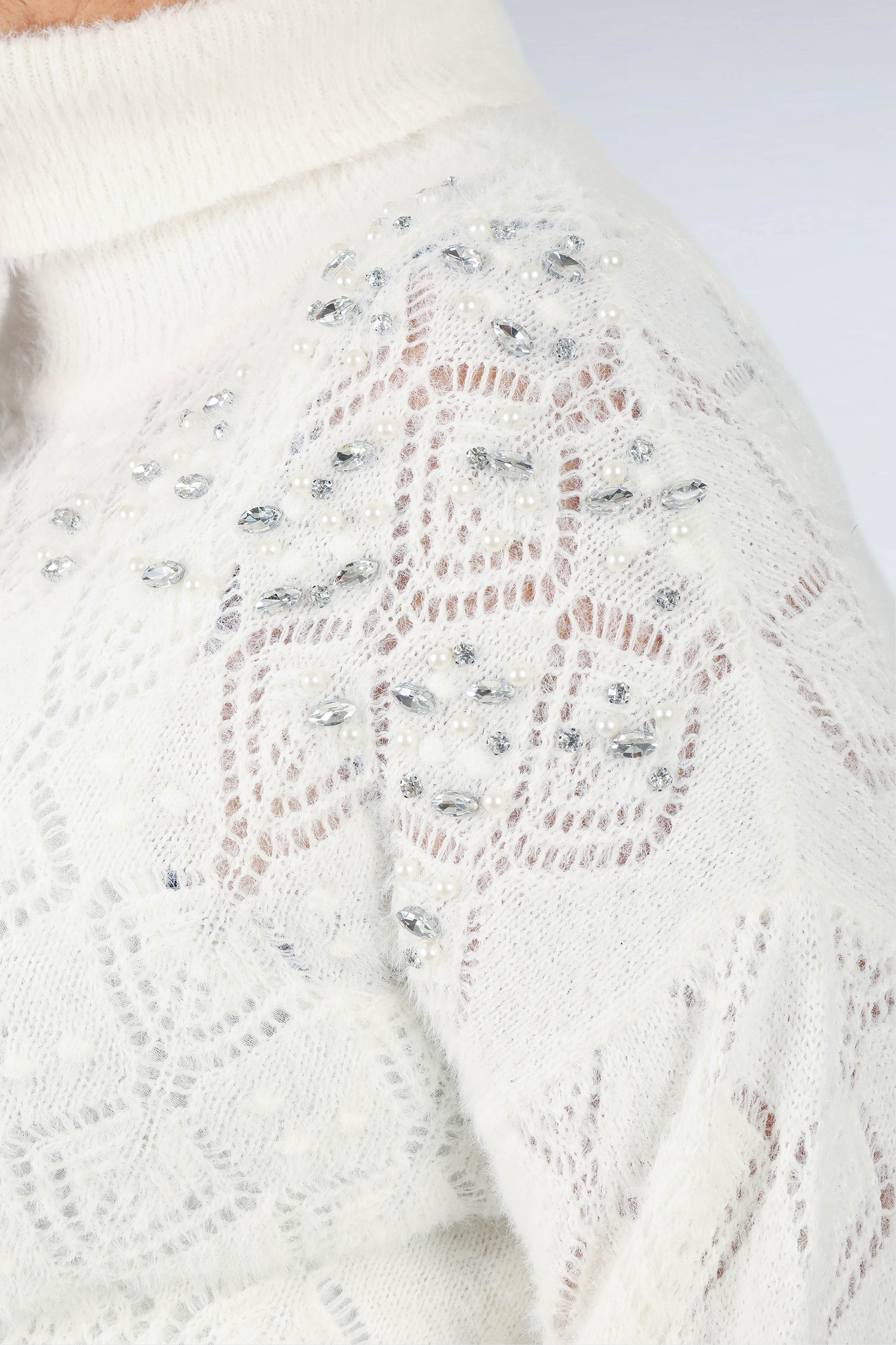 Openwork diamond pattern sweater with rhinestones