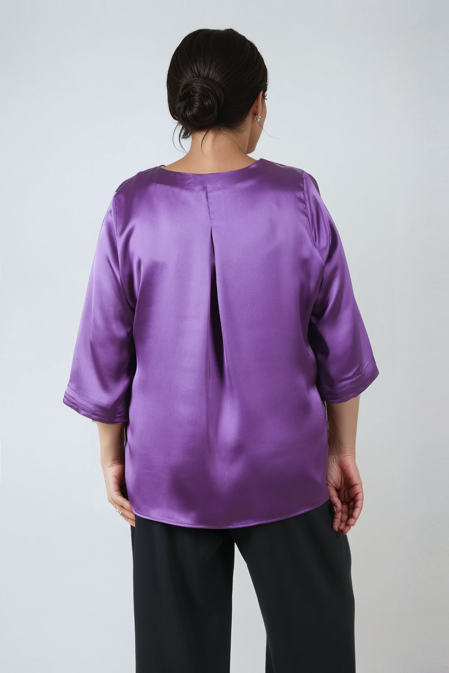 Elegance celeste blue viscose satin blouse with V-neck